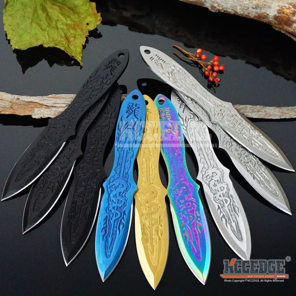 3PC 6.5 Dragon Etched Throwing Knife Set with Sheath Ninja Kunai Comb –  KCCEDGE