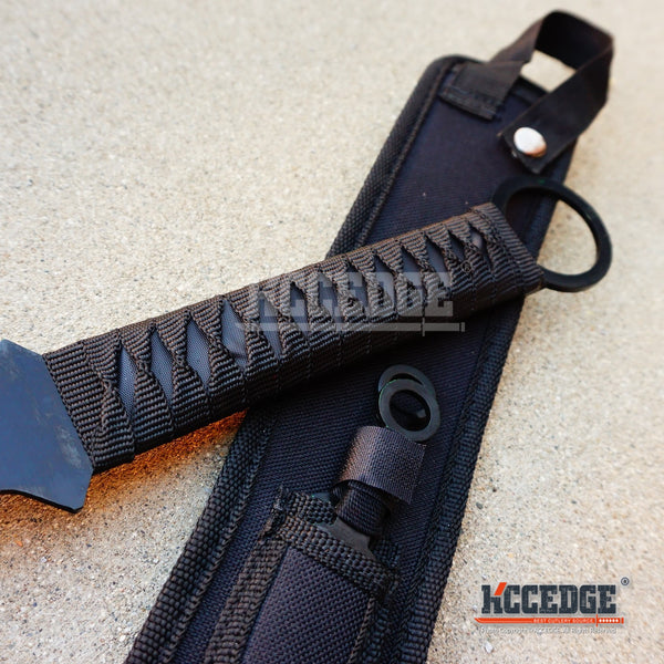 27 Two Tone Blade Ninja Machete Sword Black Cord Wrapped Handle, Including  Two Throwing Knives With Black Nylon Sheath