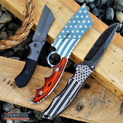 3PC COMBO SET US FLAG CLEAVER + MINI BLACK CLEAVER + STONEWASHED FOLDING KNIFE