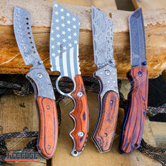 4PC US Flag FIXED CLEAVER + Damascus Cleaver + SHAVER CLEAVER + Tanto CLEAVER